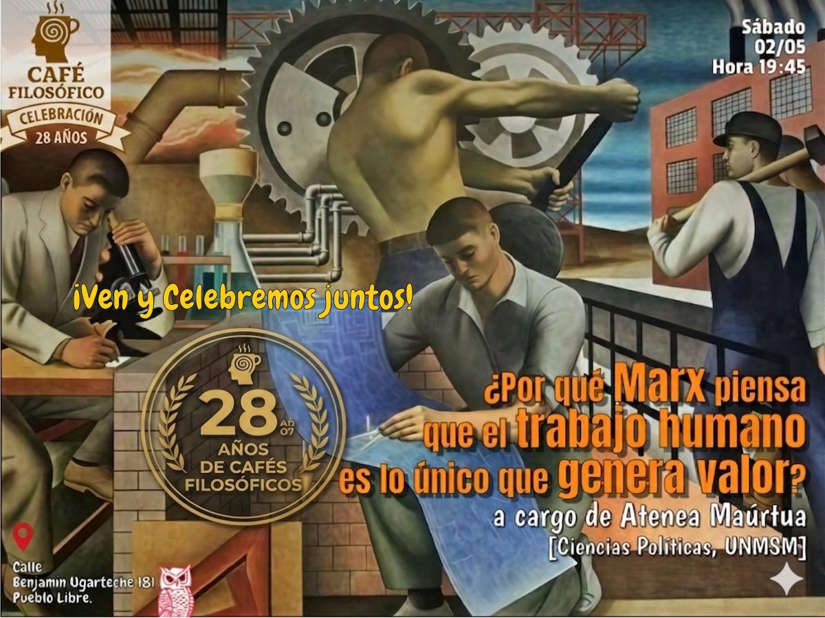 Café 1191 28 años Cafés Filosoficos- Celebracion, ¿Por qué Marx piensa que el trabajo humano es lo único que genera valor? a cargo de Atenea Maúrtua (Ciencias Políticas, UNMSM) 2 de mayo